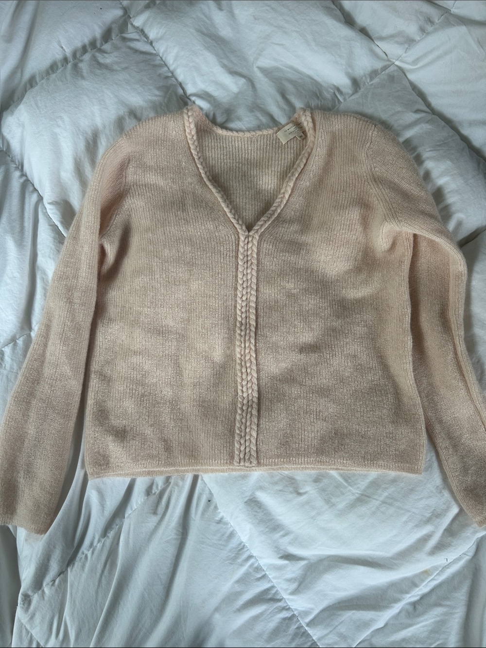 Sezane Pale Blush V-Neck Sweater with Center Braid